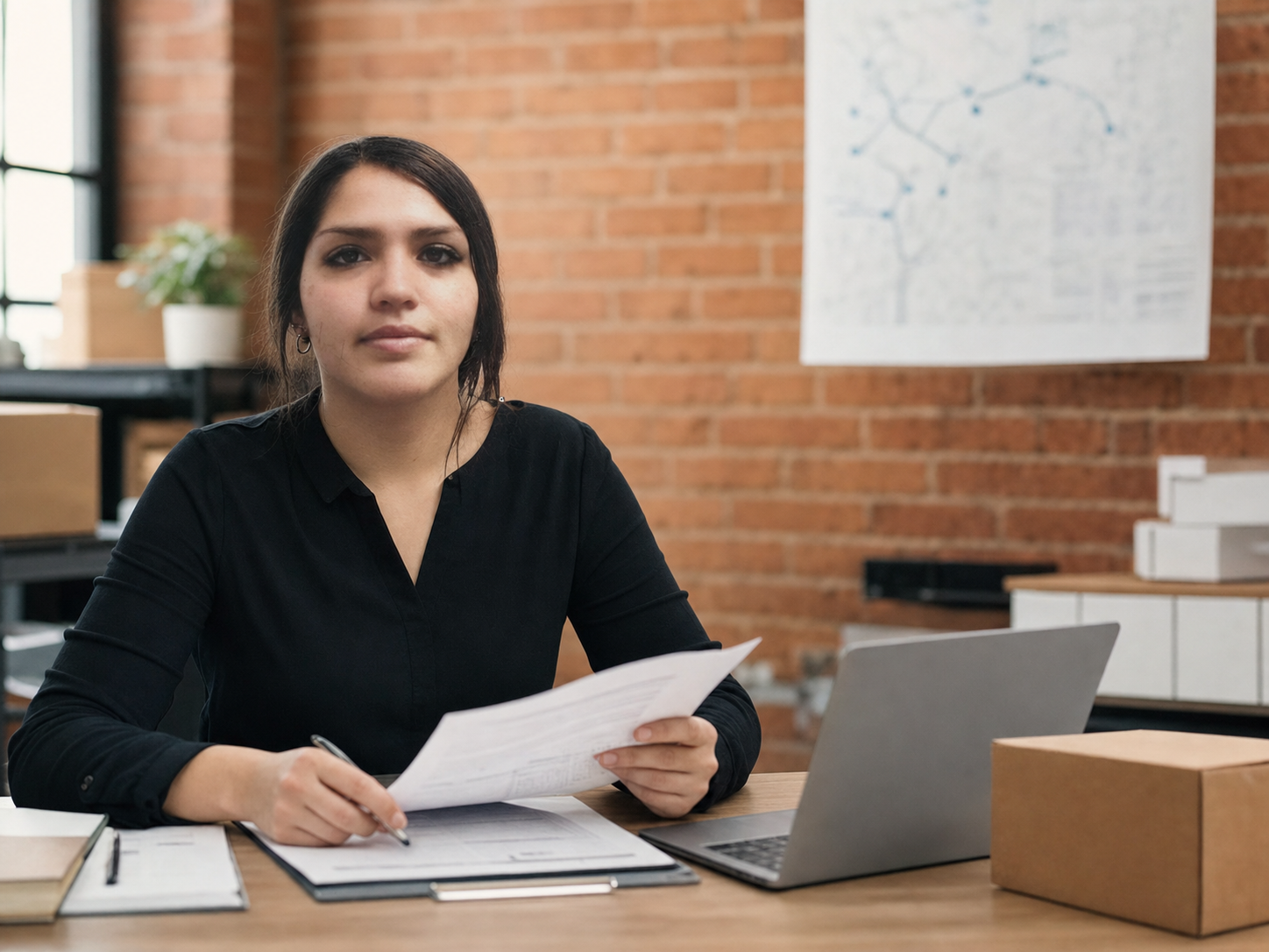 Selena, dueña de Logistic Space, revisando documentación operativa